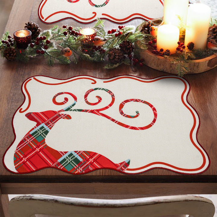 Rectangular Christmas floor rug with embroidered reindeer motif and check pattern