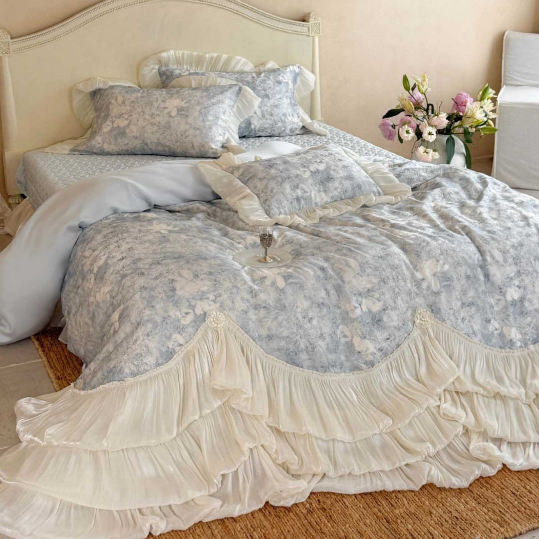 Ruffled Layered Bedspread Duvet Cover Set with Pleated Bedskirt