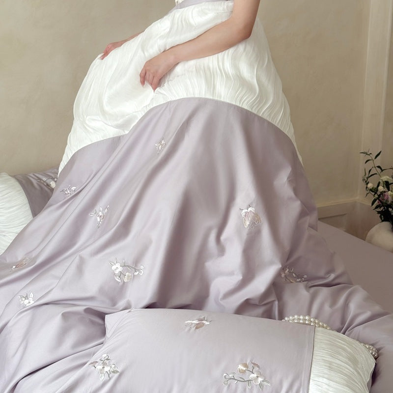 Embroidered Cotton Duvet Cover Set with Pleated Ruffle Trim and Decorative Pillow Shams