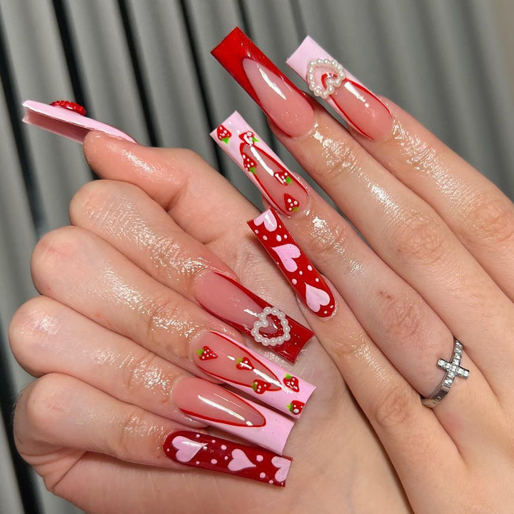 Artistic Nail Extensions with Heart and Strawberry Design Stornfield