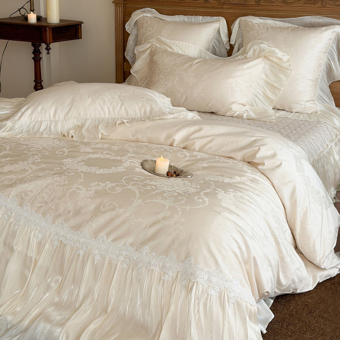 Romantic Pleated Silk-Feel Duvet Cover Ensemble with Lace-Edged Floor-Length Skirt