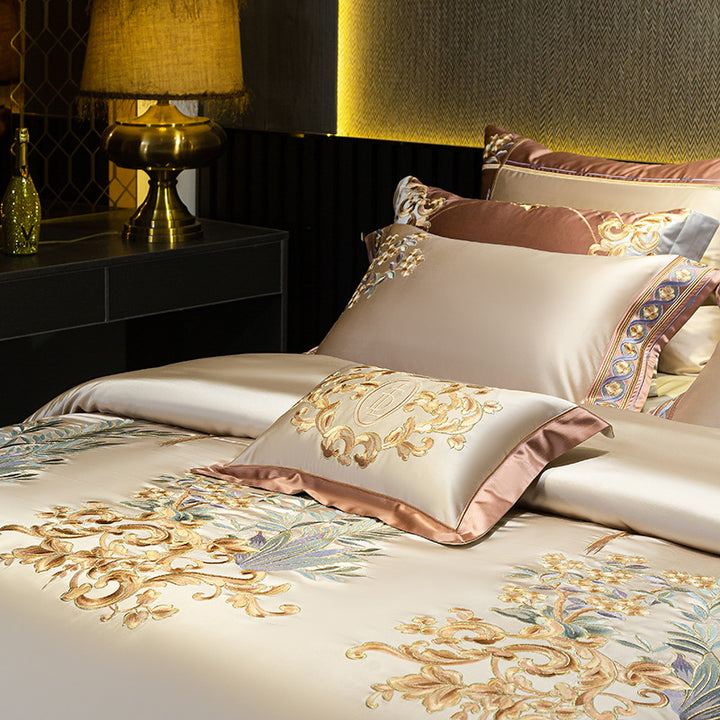Luxury Embroidered Satin Jacquard Duvet Cover Set with Decorative Shams