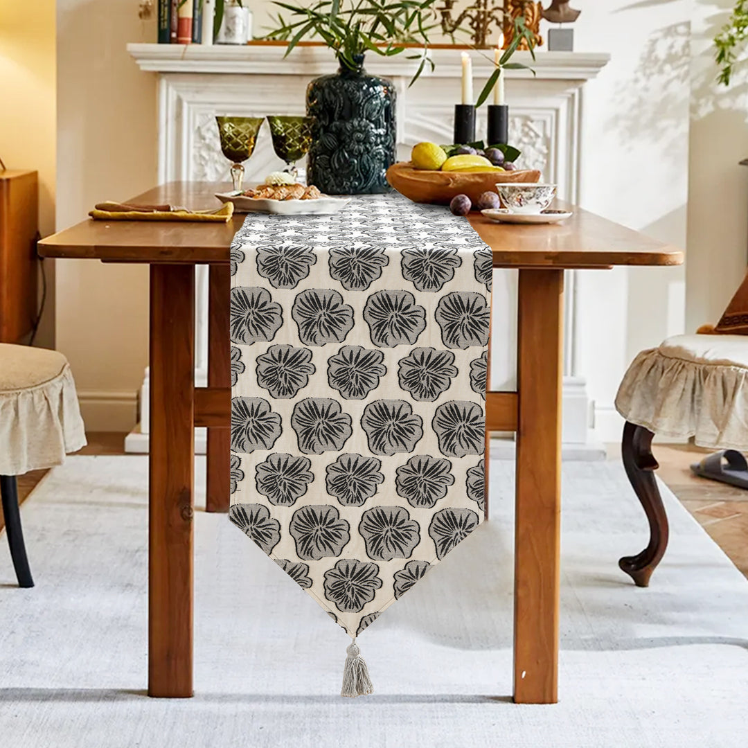Woven double-sided linen table runner with tassels and hand-drawn swallow print Stornfield