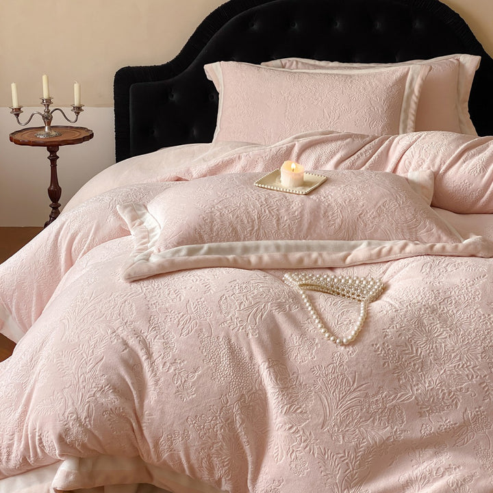 Embroidered Jacquard Floral Duvet Cover Set with Velvet Piped Edge and Pearl Appliqué