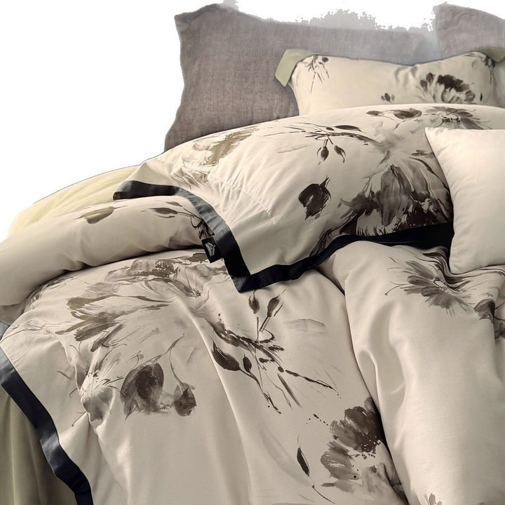 Floral Print Cotton Sateen Duvet Cover Set with Reversible Back and Piped Edging