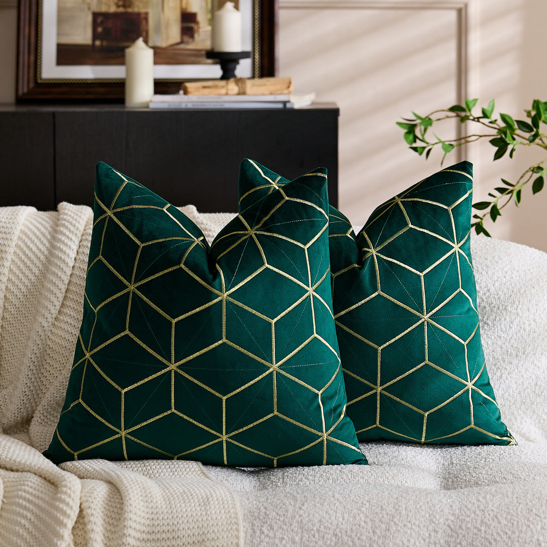 Embroidered Velvet Geometric Square Throw Pillow Cover with Metallic Stitching