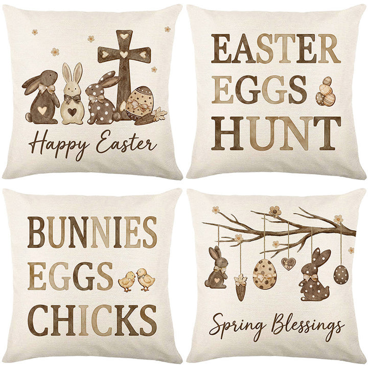 Linen-Blend Square Accent Pillow Cover with Large Easter 'Eggs Hunt' Printed Typography and Decorative Egg Motif