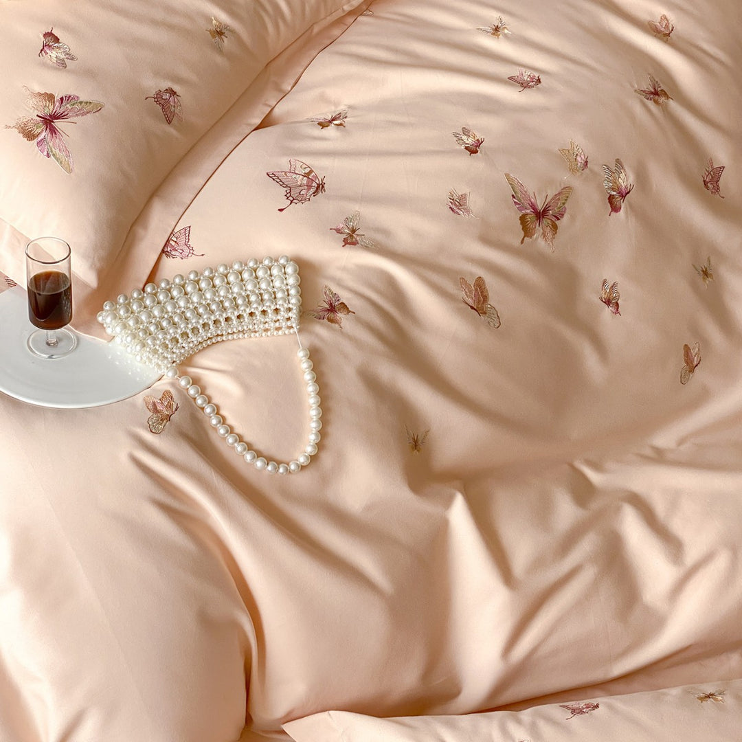 Embroidered Butterfly Cotton-Sateen Duvet Cover Set with Luxury Satin Finish
