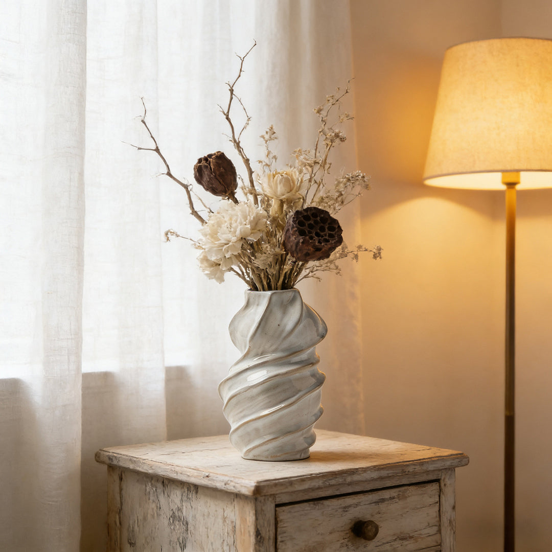 Sculptural Twisted Ceramic Bud Vase with Narrow Neck