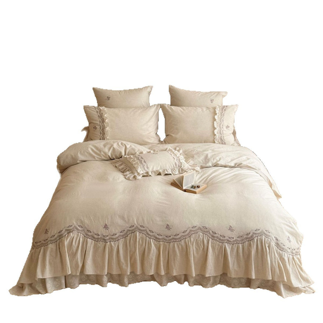 Ruffled Embroidered Linen Duvet Cover Set