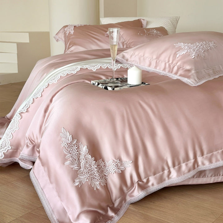 Silky Satin Duvet Ensemble with Floral Appliqué Embroidery, Scalloped Lace Border & Hidden Closure