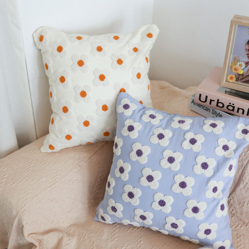 Square decorative cushion cover with hand-tufted flower relief and bouclé applications Stornfield
