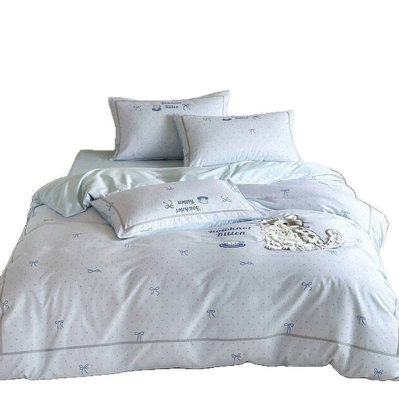 Children's Appliqué Kitten Cotton Sateen Duvet Cover Set with Piped Pillow Shams