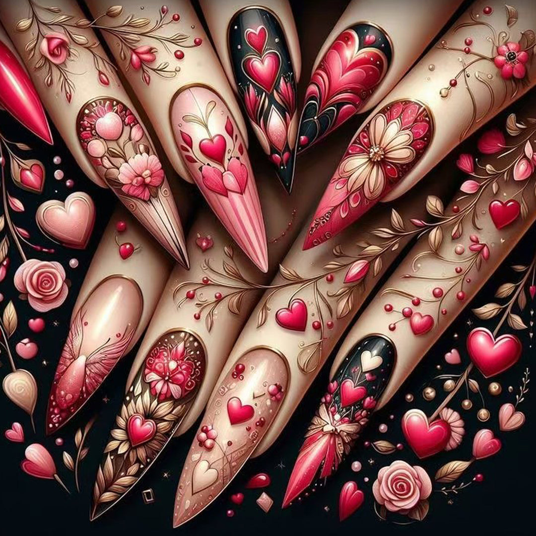 Artificial nails with romantic heart and floral designs Stornfield