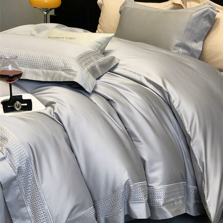 Luxury Satin-Feel Embroidered Duvet Cover Set with Decorative Hem & Pillow Shams