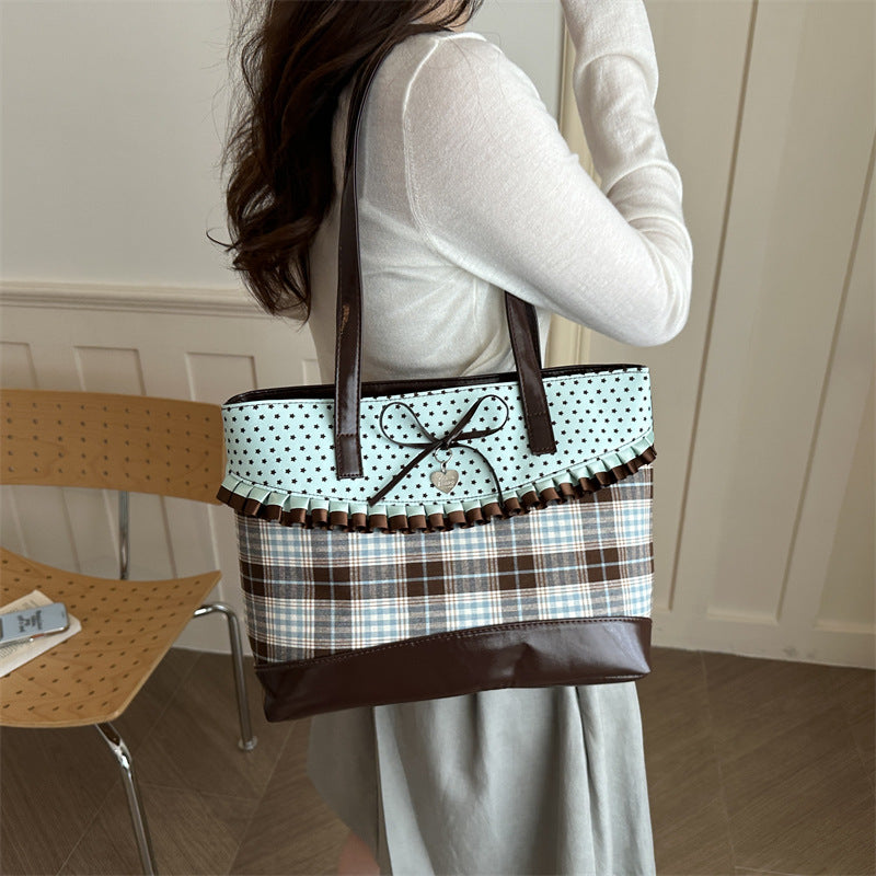 Plaid Tote with Ruffle Accent
