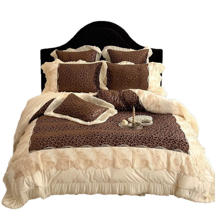 Ruffled Embroidered Leopard Jacquard Duvet Cover Bedding Set with Pleated Skirt