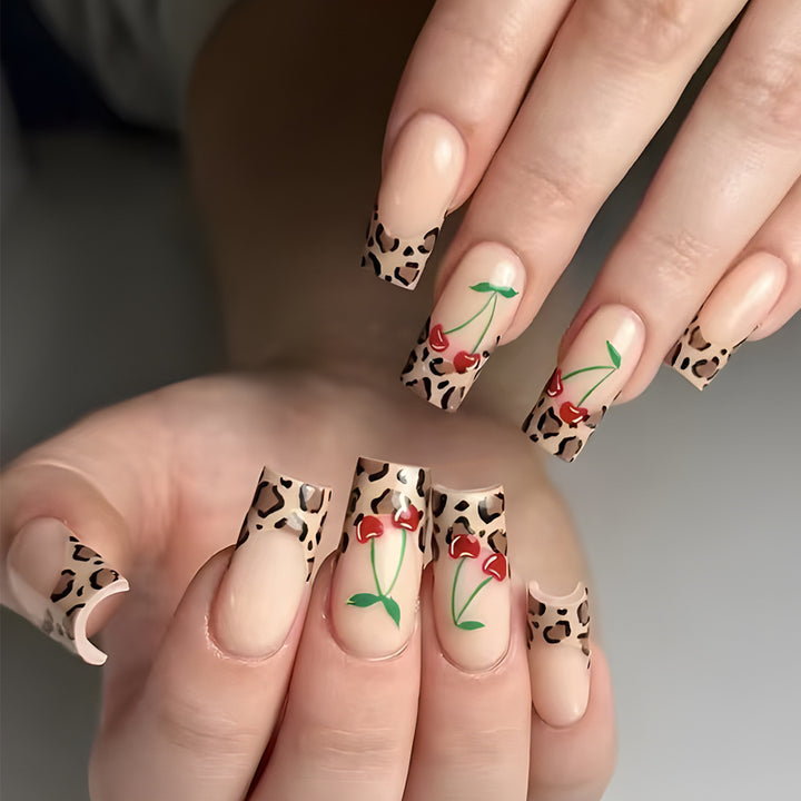 Artistic Leopard Print and Cherry Floral Press-On Nails Stornfield