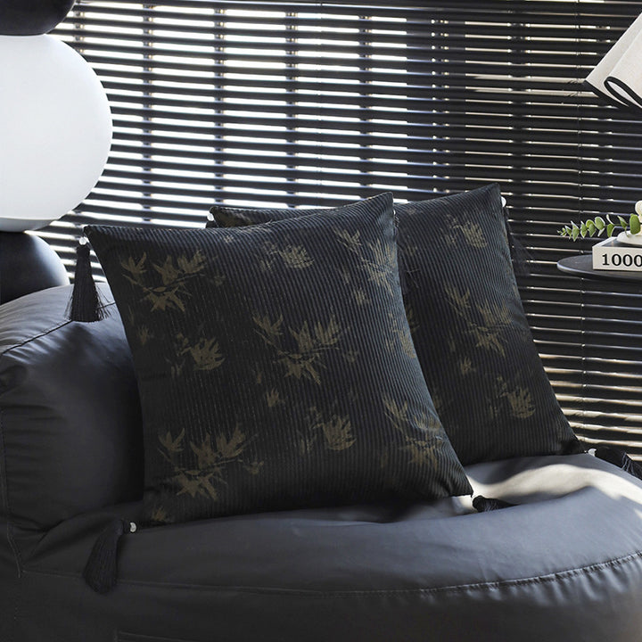 Square decorative cushion made of velvet with relief longitudinal stripes and fringe tassel Stornfield