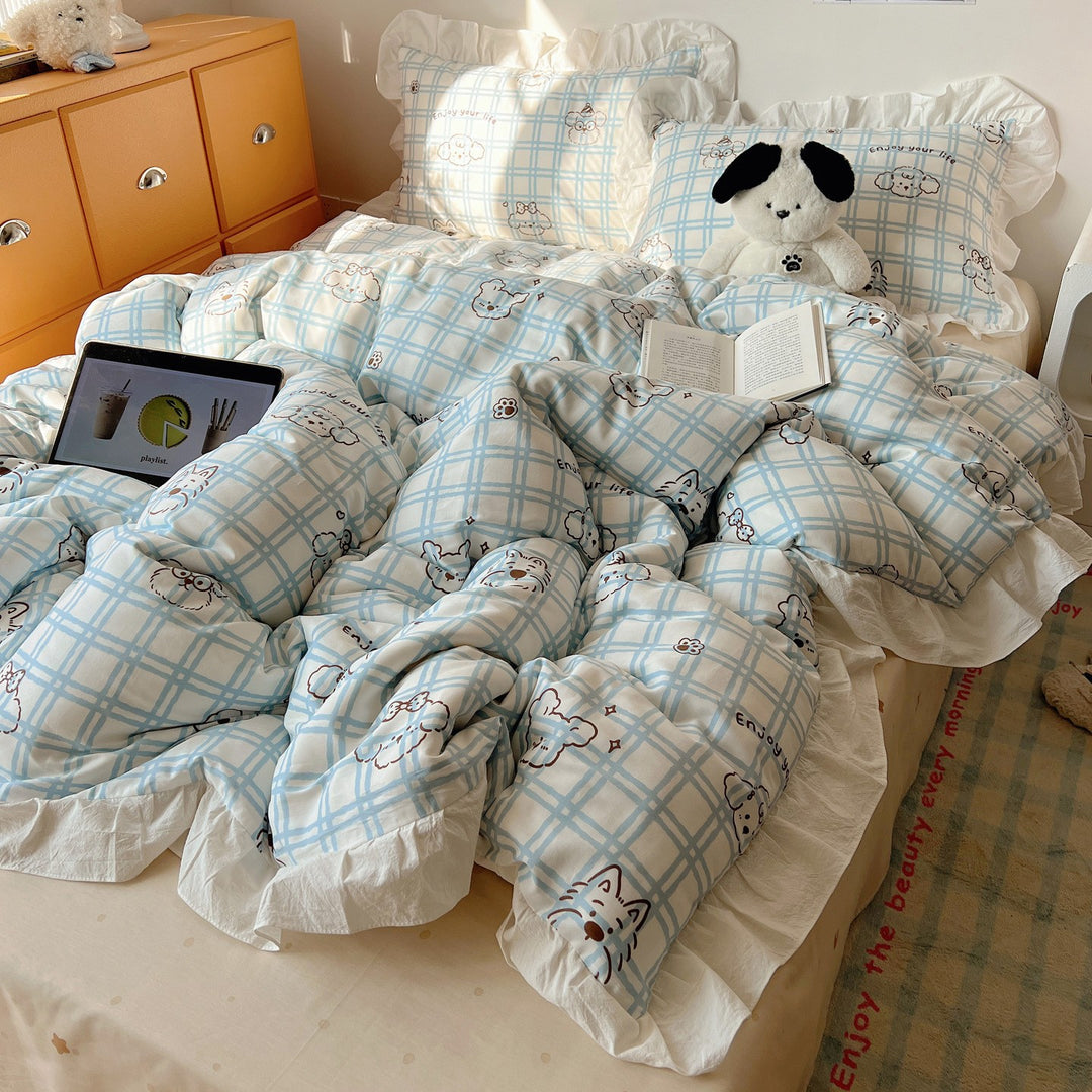Cartoon Plaid Cotton Percale Duvet Cover Set with Ruffled Sham and Reversible Back