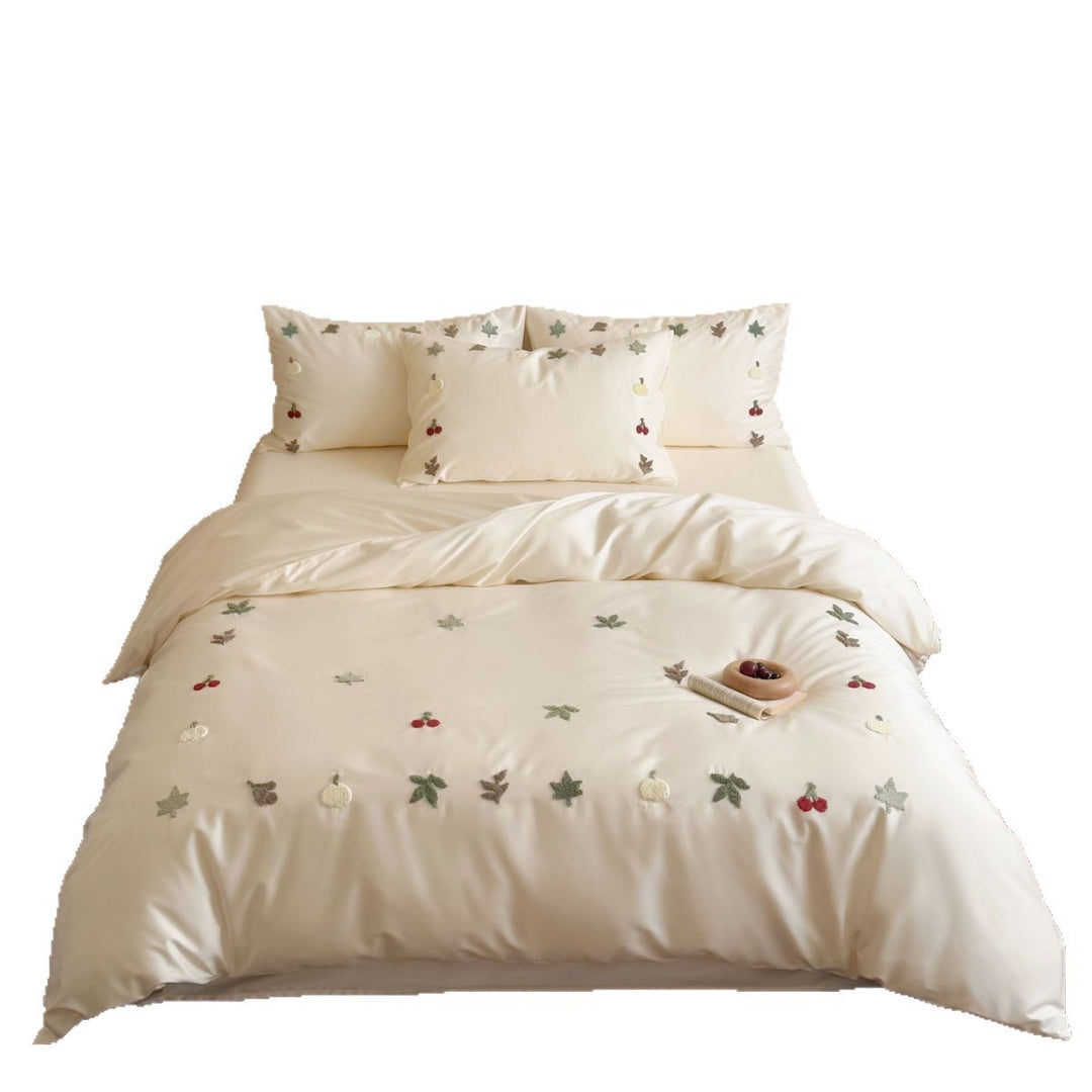 Embroidered Cotton-Sateen Duvet Cover Set with 3D Fruit & Leaf Appliqué