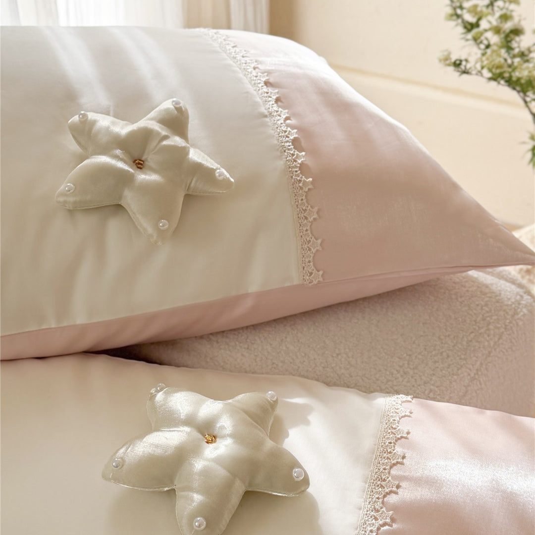 Luxury Silk-Feel Satin Duvet Cover Set with 3D Star Appliqué & Lace Trim