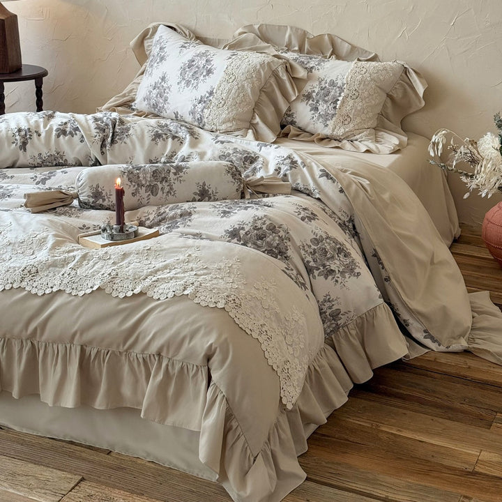 Vintage Floral Lace-Trim Ruffled Duvet Cover Set