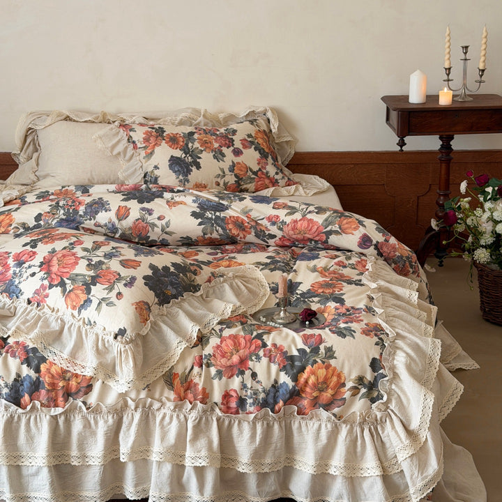 Floral Ruffled Cotton-Linen Duvet Cover Set with Lace Trim and Euro Shams