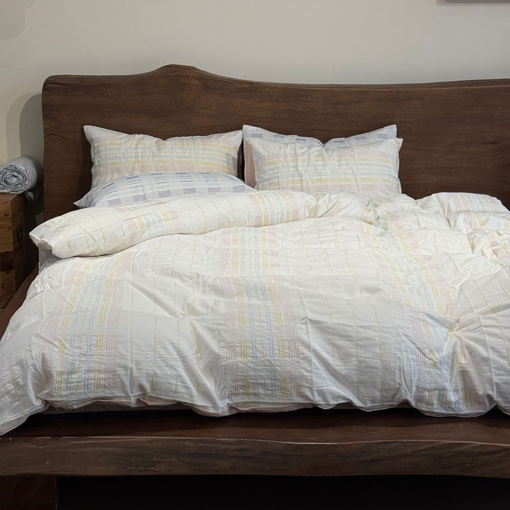 Quilted Lightweight Cotton Duvet Cover Set with Pastel Grid Textured Weave