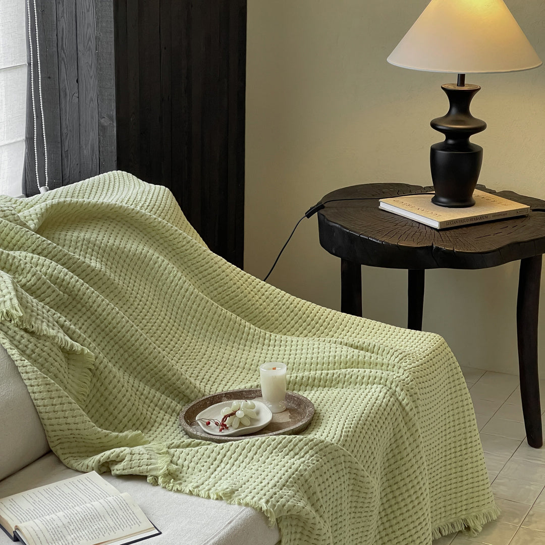 Waffle Weave Lightweight Throw Blanket with Fringe