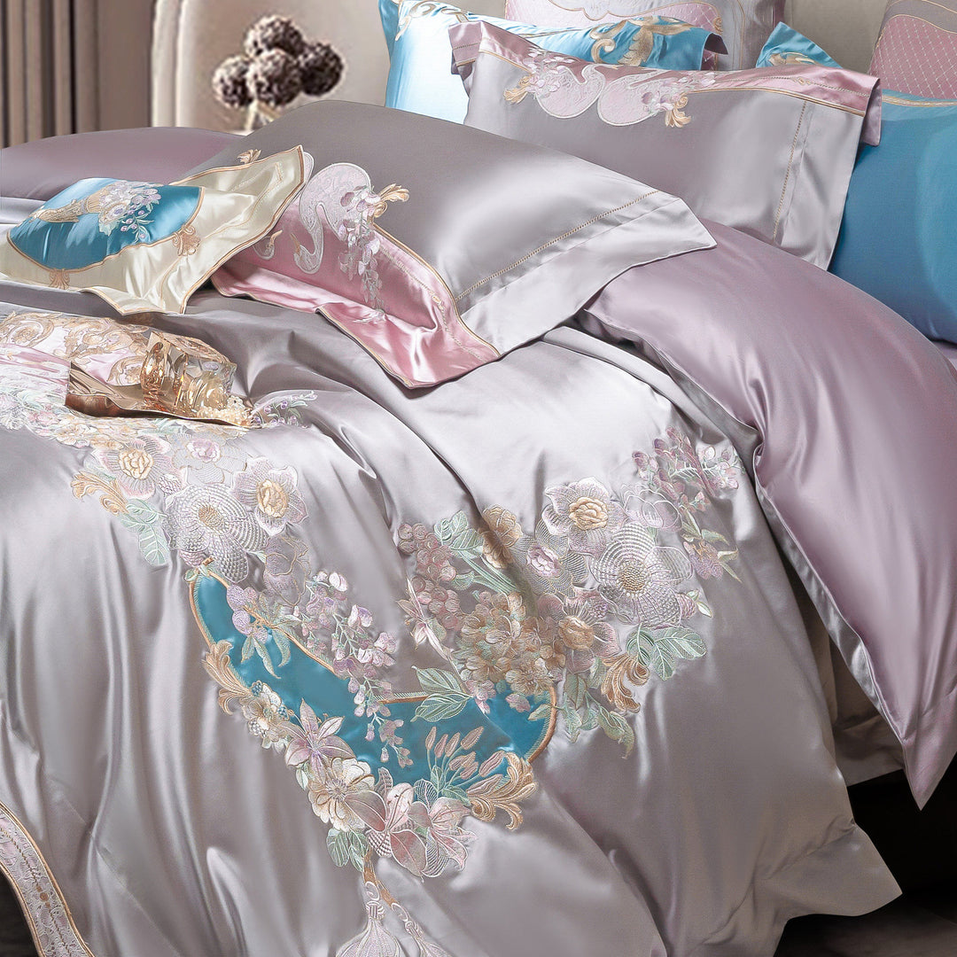 Embroidered Luxury Satin-Feel Duvet Cover Set with Hidden Zipper & Oxford Shams