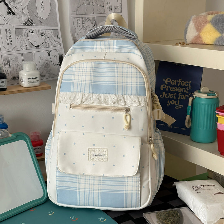 Plaid Patterned School Backpack with Cute Bunny Keychain Stornfield