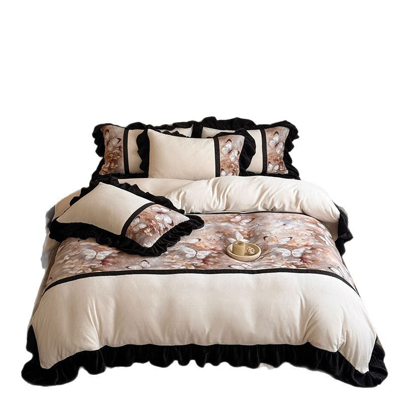 Satin bedding set with ruffle trim and floral butterfly design