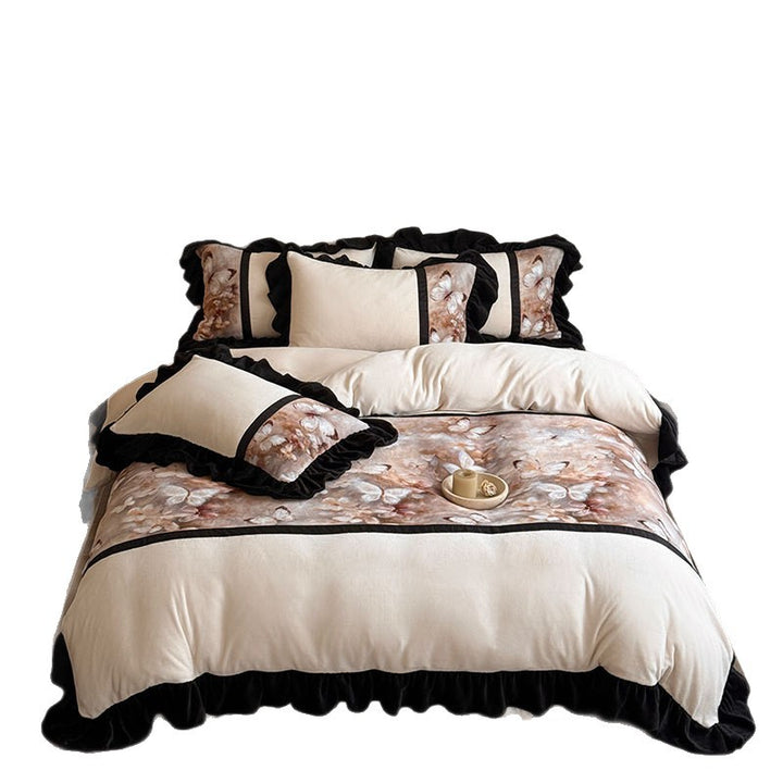 Satin bedding set with ruffle trim and floral butterfly design