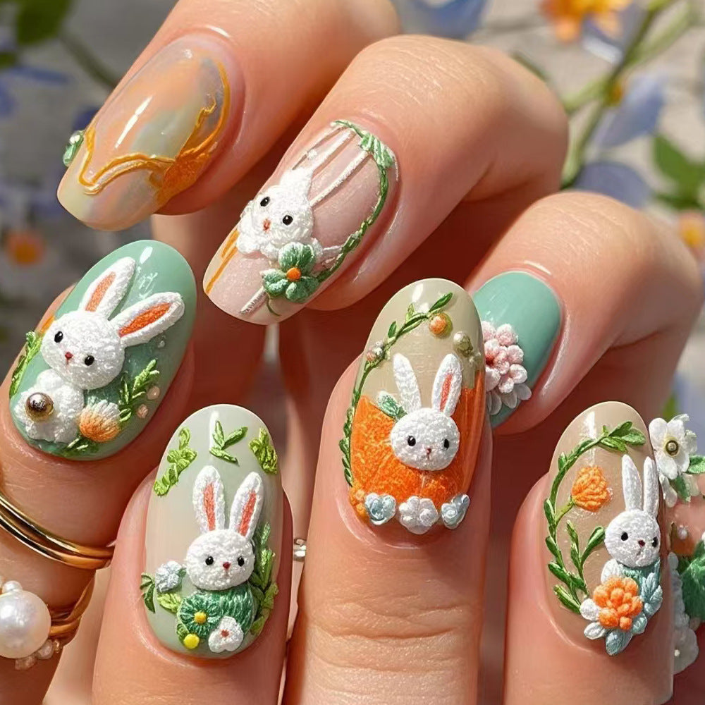 Whimsical Bunny-Themed 3D Press-On Nail Art Stornfield