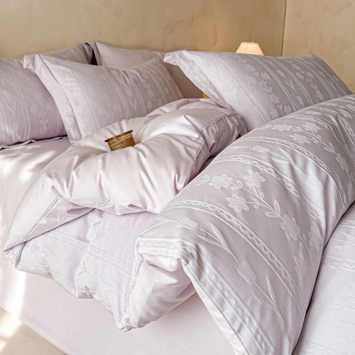 Floral Jacquard Cotton Duvet Cover Set with Pillowcases and Hidden Zipper