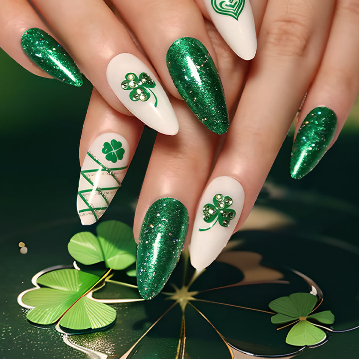 Glamorous Stiletto Press-On Nail Art with Glitter and Shamrock Design Stornfield