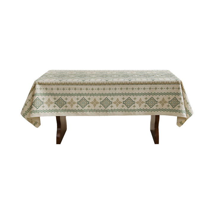 Rectangular Decorative Tablecloth made of Cotton-Linen with Woven Diamond Pattern and Antique-Inspired Border