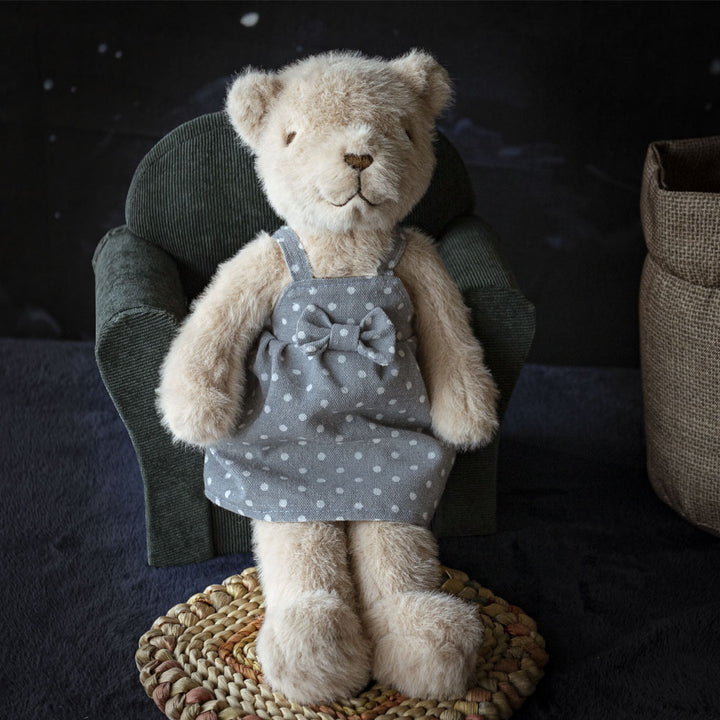Handcrafted Luxury Plush Teddy Bear with Polka Dot Linen Dress
