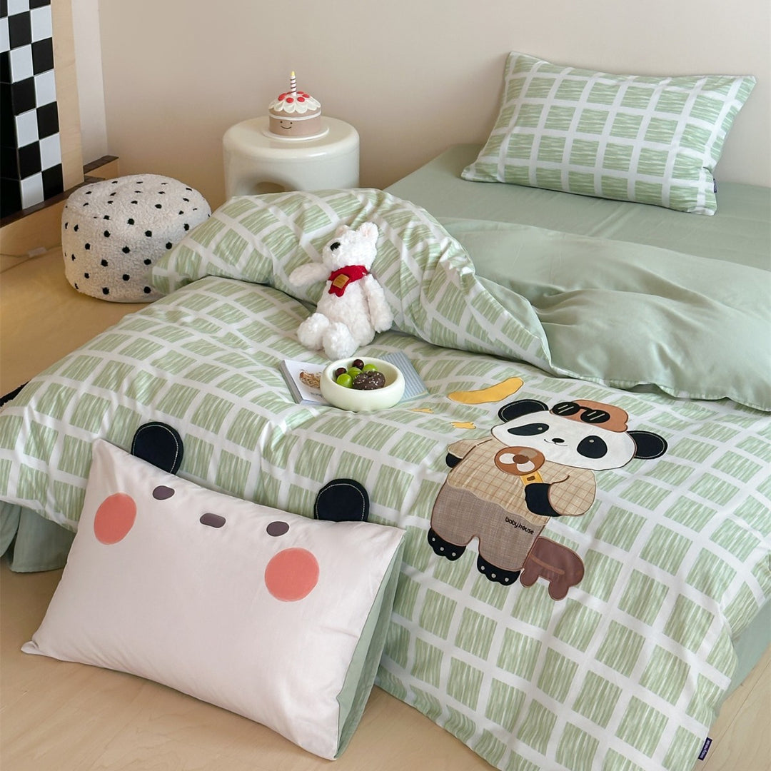 Children's Panda Appliqué Cotton Sateen Duvet Cover Set with Grid Print and Reversible Pillowcase