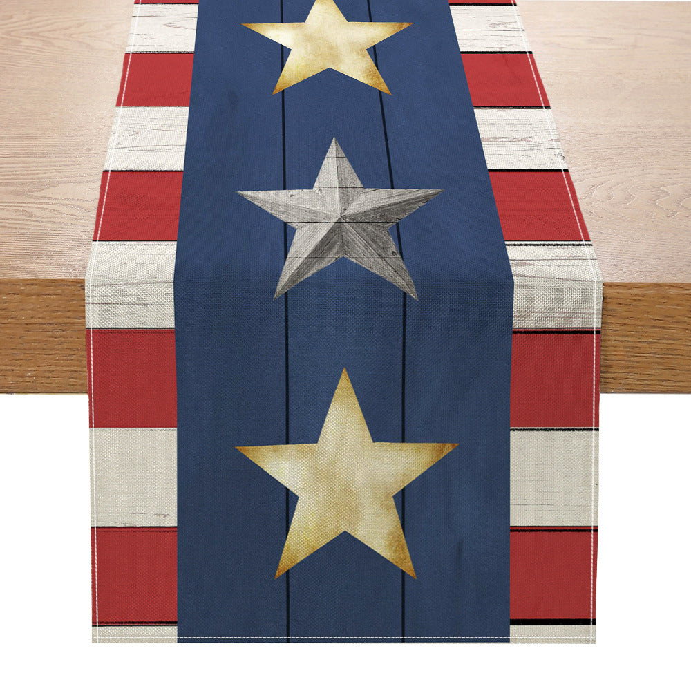 Distressed American Flag Cotton-Linen Table Runner with Patriotic Stars and Stripes Print