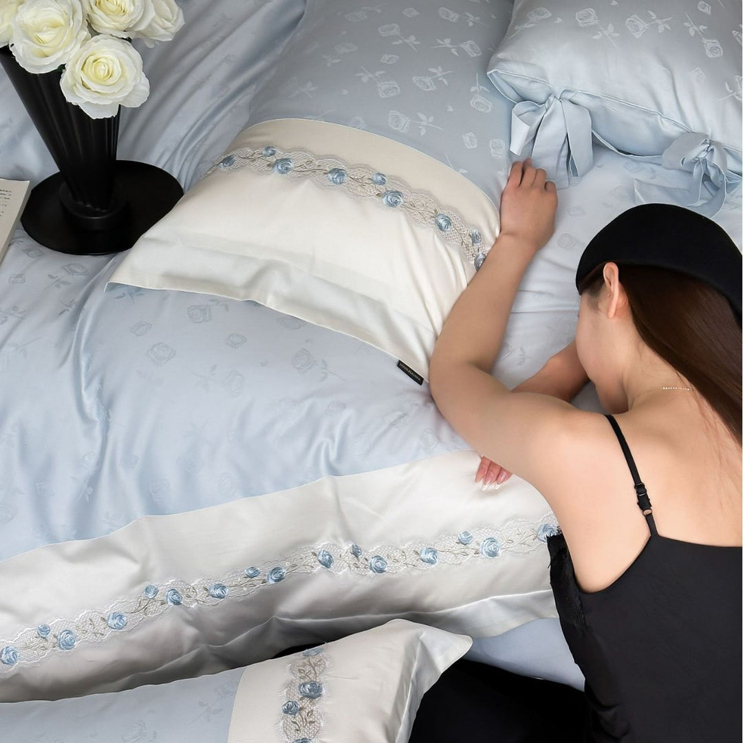Elegant Satin-Feel Embroidered Duvet Cover Set with Bow-Tie Shams