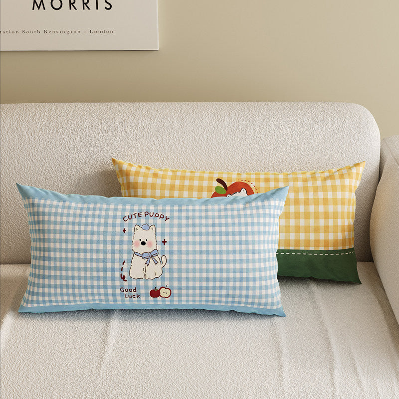 Cartoon Puppy Gingham Square Throw Pillow Cover with Hidden Zipper Linen-Blend Texture