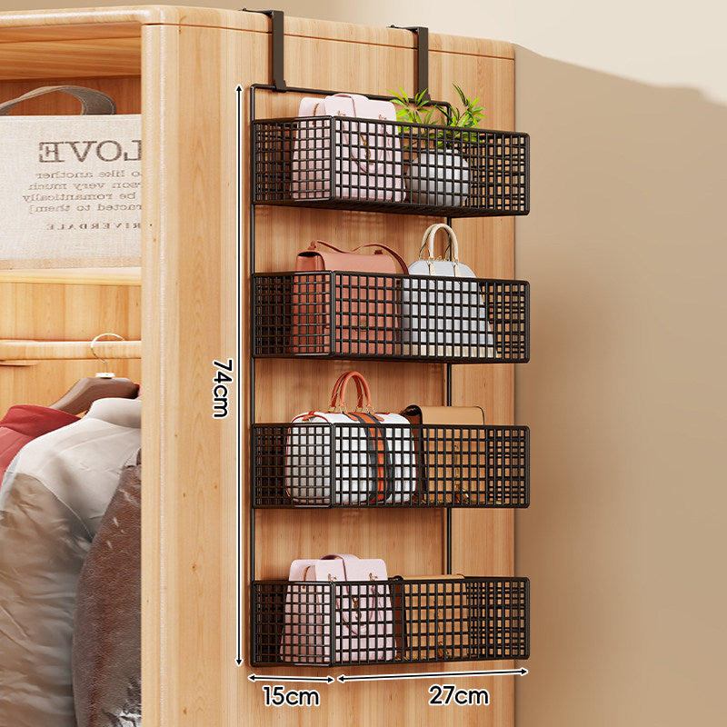 Over-Door Four-Tier Metal Mesh Hanging Storage Organizer with Integrated Hooks