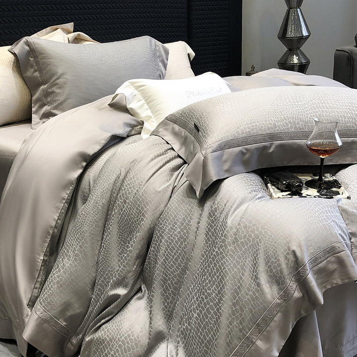 Luxury Textured-Border Egyptian Cotton Duvet Cover Set with Decorative Shams