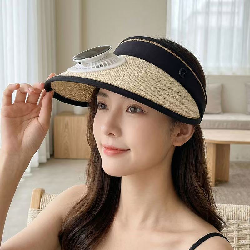 Foldable straw hat visor with integrated solar fan, adjustable neck strap, and breathable sweatband Stornfield