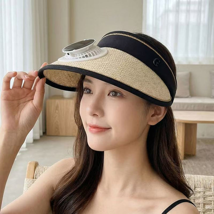 Foldable straw hat visor with integrated solar fan, adjustable neck strap, and breathable sweatband Stornfield