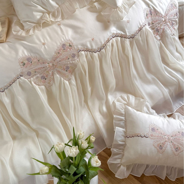 Romantic bedding set with chiffon ruffle, delicate lace and butterfly embroidery