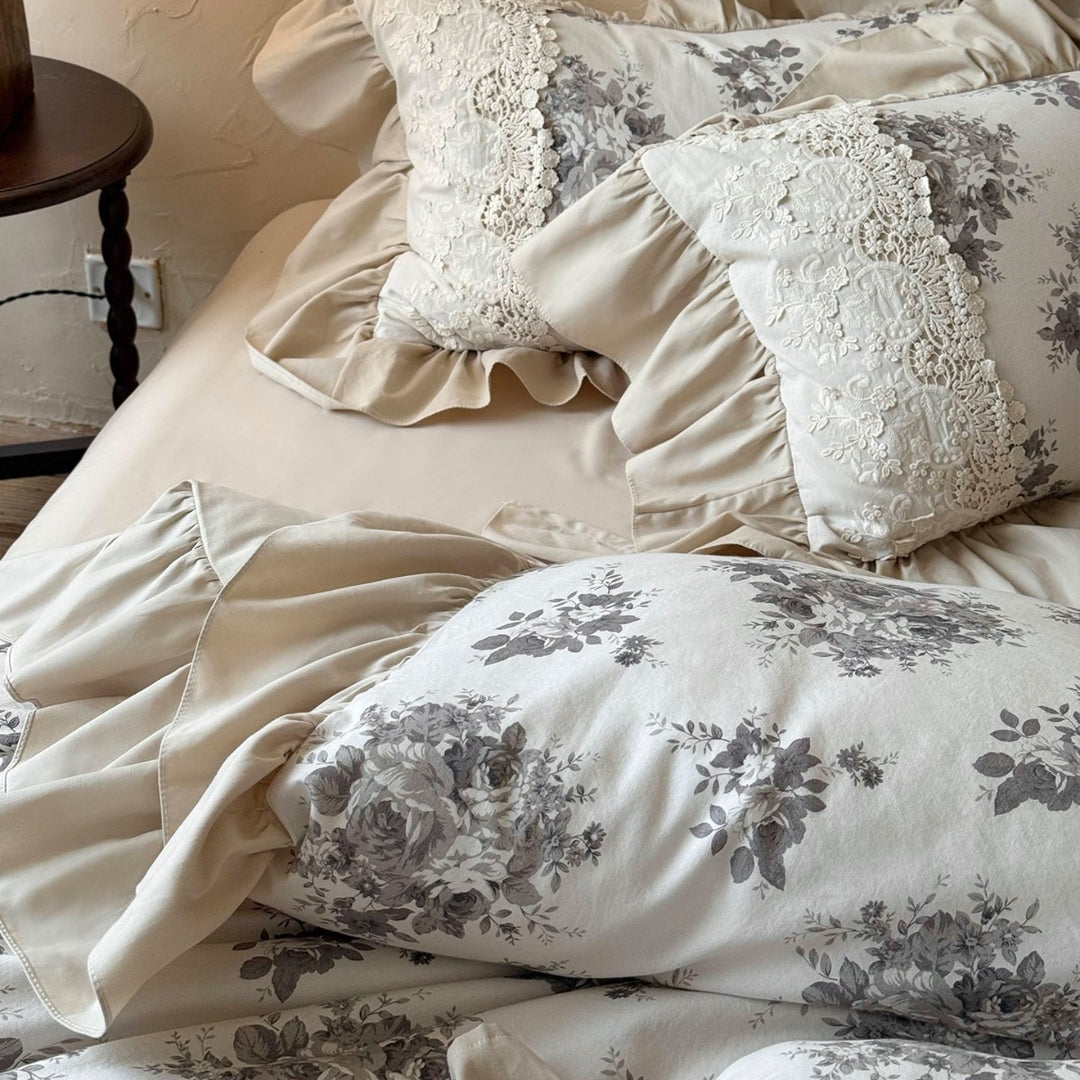 Vintage Floral Lace-Trim Ruffled Duvet Cover Set