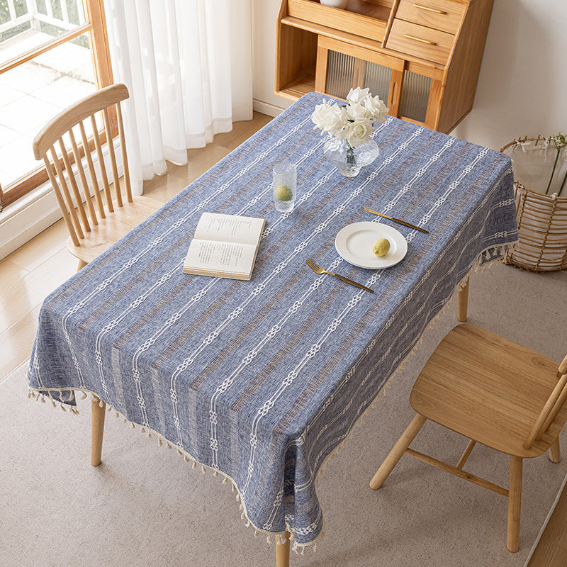 Rectangle Cotton-Linen Woven Fringe Tassel Tablecloth for Dining Table